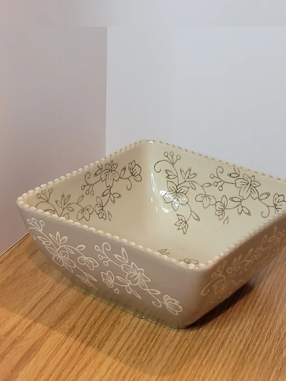 Temptations By Tara Floral Lace Grey Square Bowl 22oz Scalloped